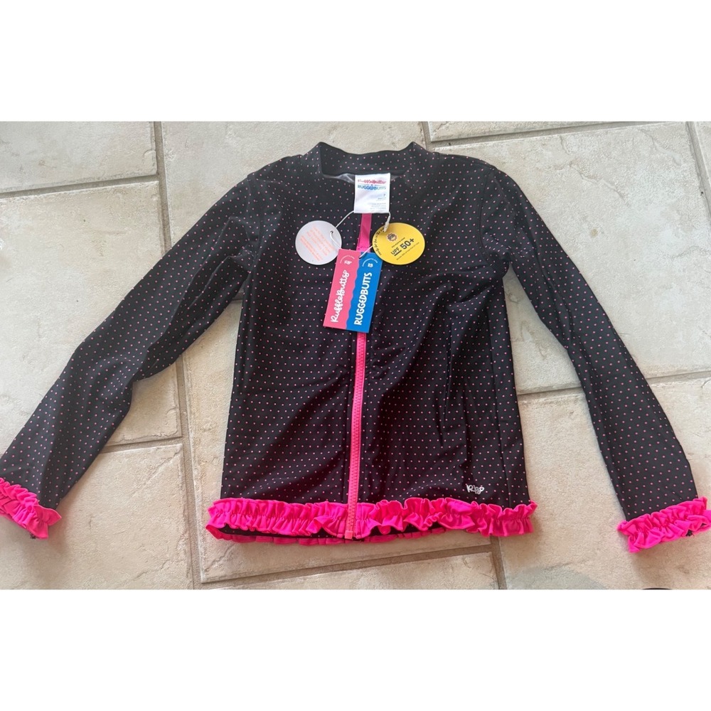 RuffleButts Girls Black Pink Polka Dot Rash Guard Swim Shirt UPF 50+ NWT Size 7